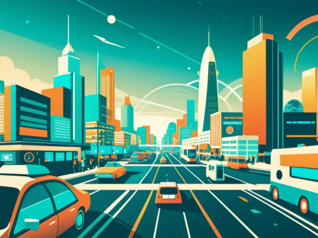 Una ilustración vintage de una ciudad futurista llena de dispositivos IoT interconectados