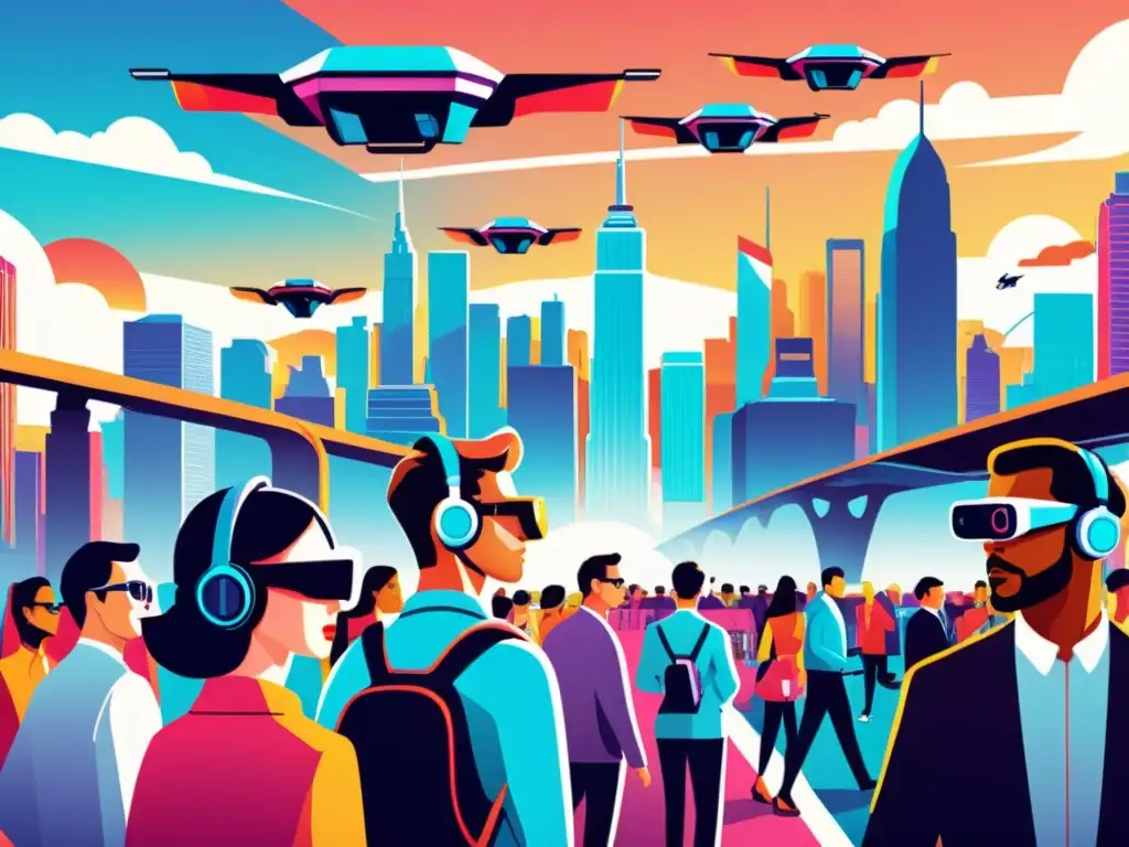 Una ilustración vintage de una ciudad futurista llena de personas con tecnología wearable avanzada, como gafas inteligentes y ropa de alta tecnología