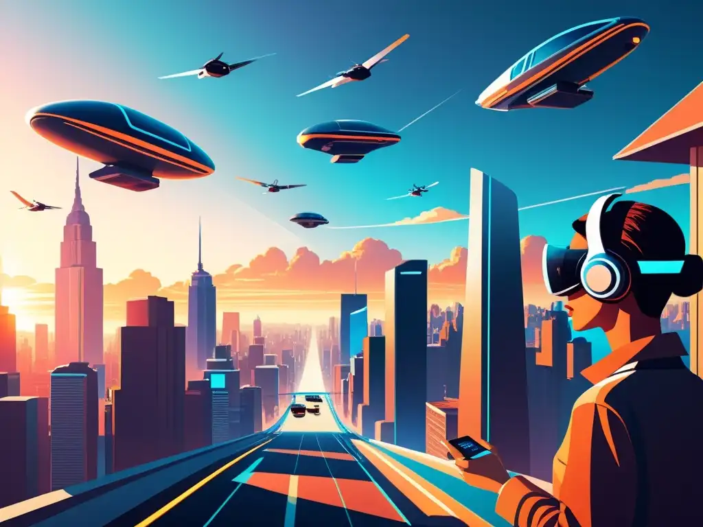 Una ilustración vintage de una ciudad futurista con rascacielos, autos voladores y personas usando realidad virtual