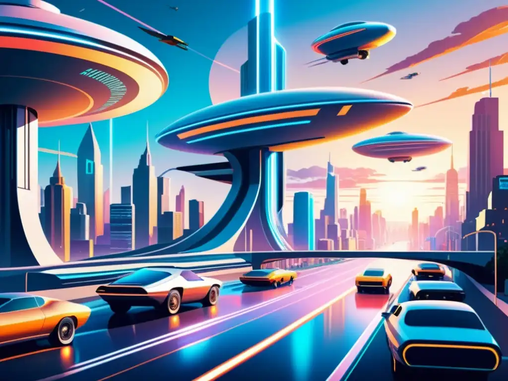 Una ilustración vintage de una ciudad futurista con rascacielos y autos voladores, donde la inteligencia artificial controla la vida diaria