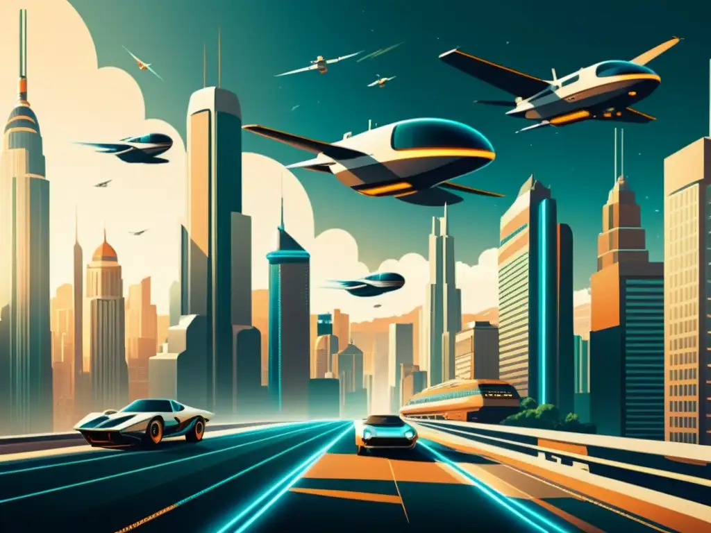 Una ilustración vintage de una ciudad futurista con rascacielos elegantes y autos voladores