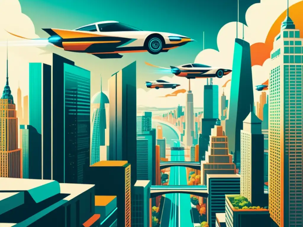 Una ilustración vintage de una ciudad futurista con rascacielos imponentes y elegantes coches voladores