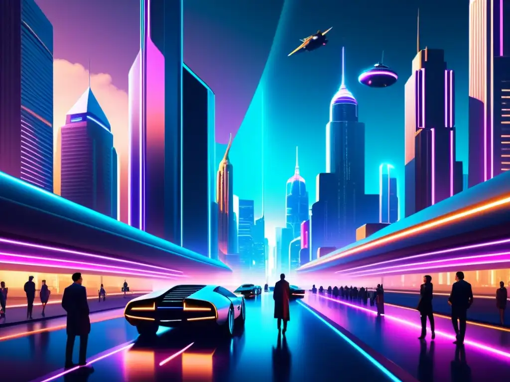 Una ilustración vintage de una ciudad futurista con rascacielos metálicos y luces de neón