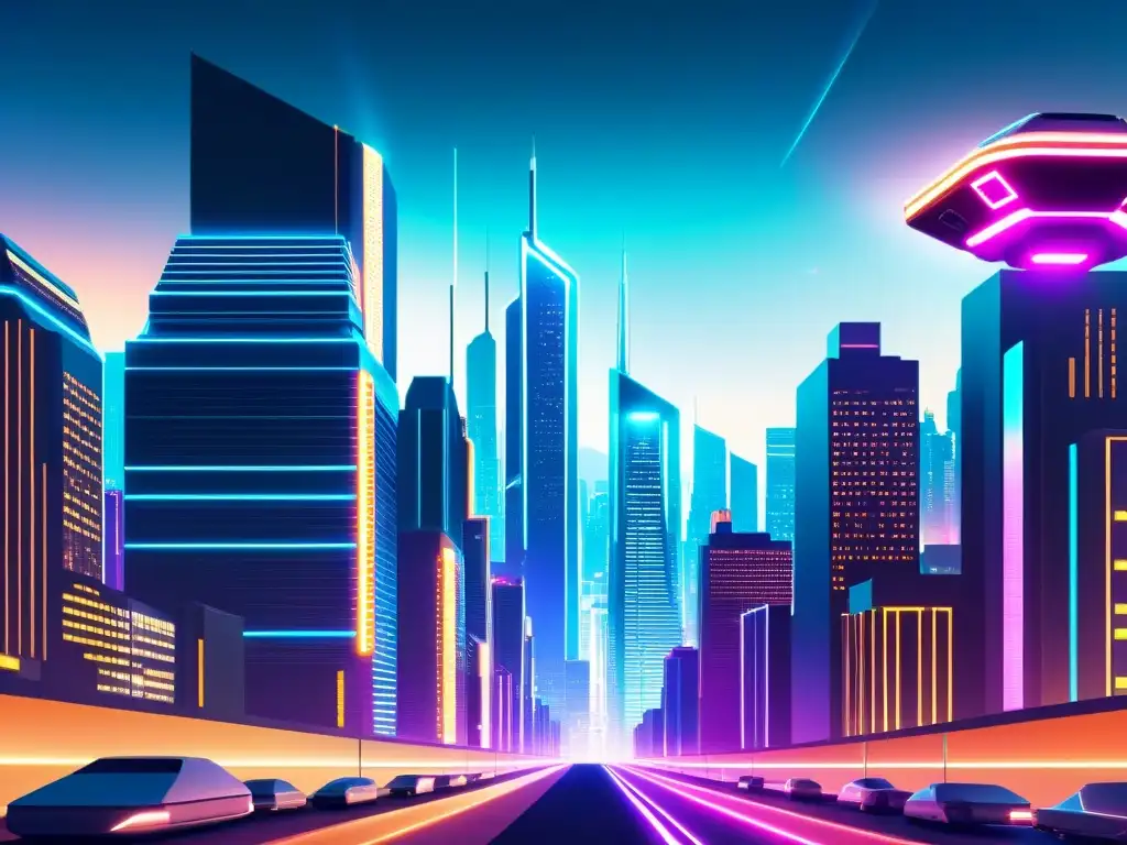 Una ilustración vintage de una ciudad futurista con rascacielos metálicos, luces de neón y drones de seguridad digital