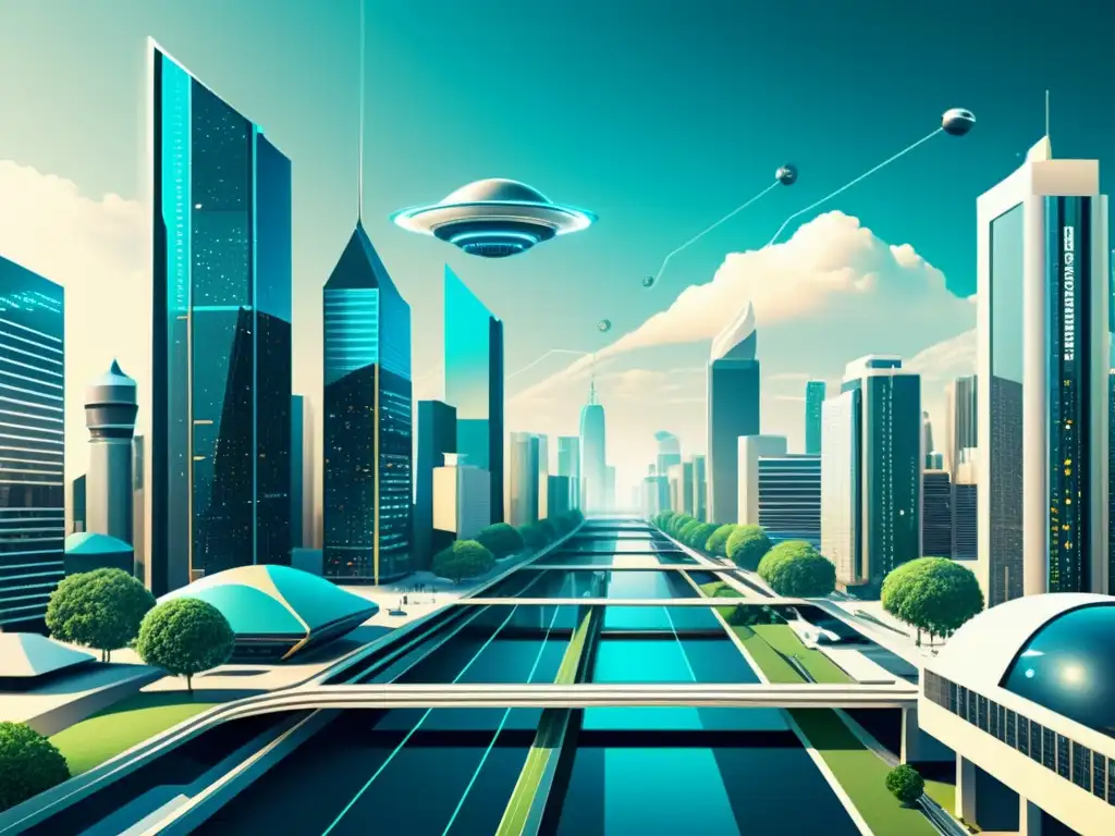 Una ilustración vintage de una ciudad futurista con redes neurales interconectadas y núcleos de inteligencia artificial integrados en la arquitectura, mostrando la evolución de sistemas operativos inteligentes a través de la combinación de tecnología avanzada y elementos neurales orgánicos