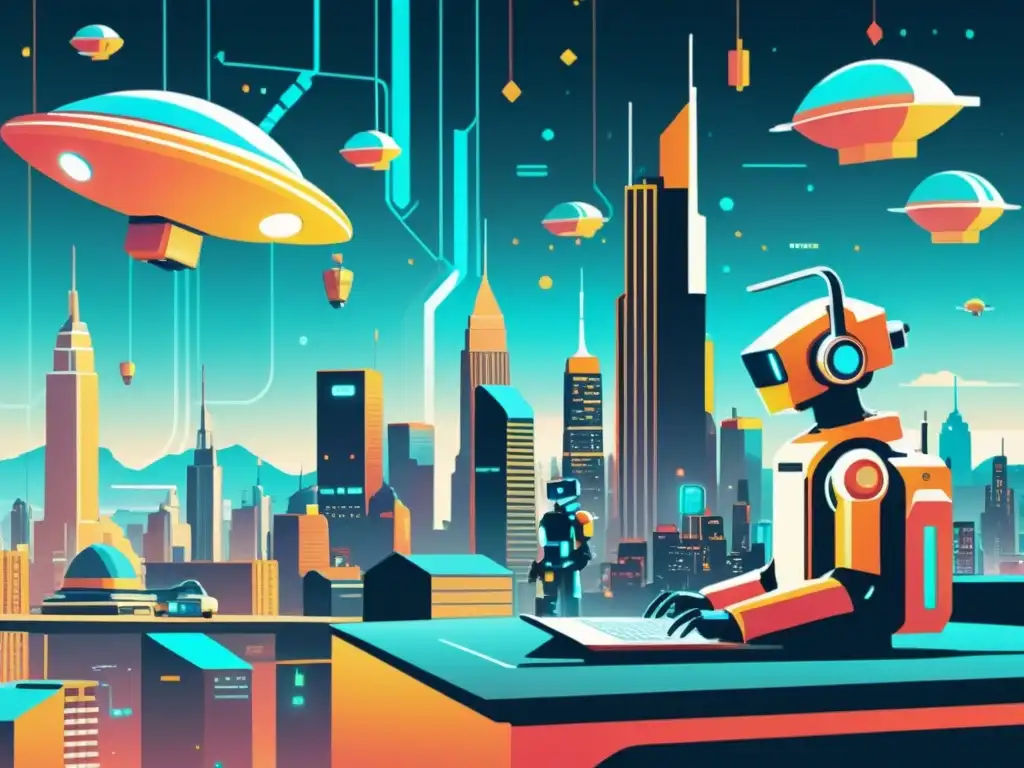 Una ilustración vintage de una ciudad futurista con robots IA y programadores humanos, con lenguajes de programación holográficos en el aire