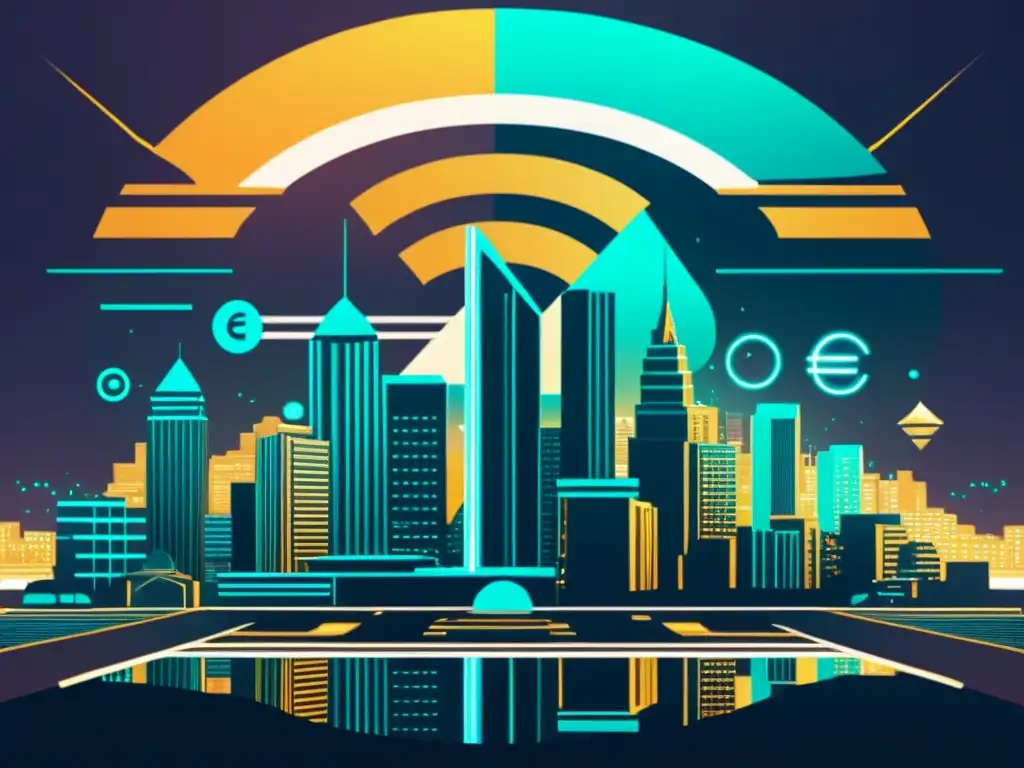 Una ilustración vintage de una ciudad futurista con símbolos de criptomonedas integrados en la arquitectura, evocando el potencial de las mejores criptomonedas para el futuro