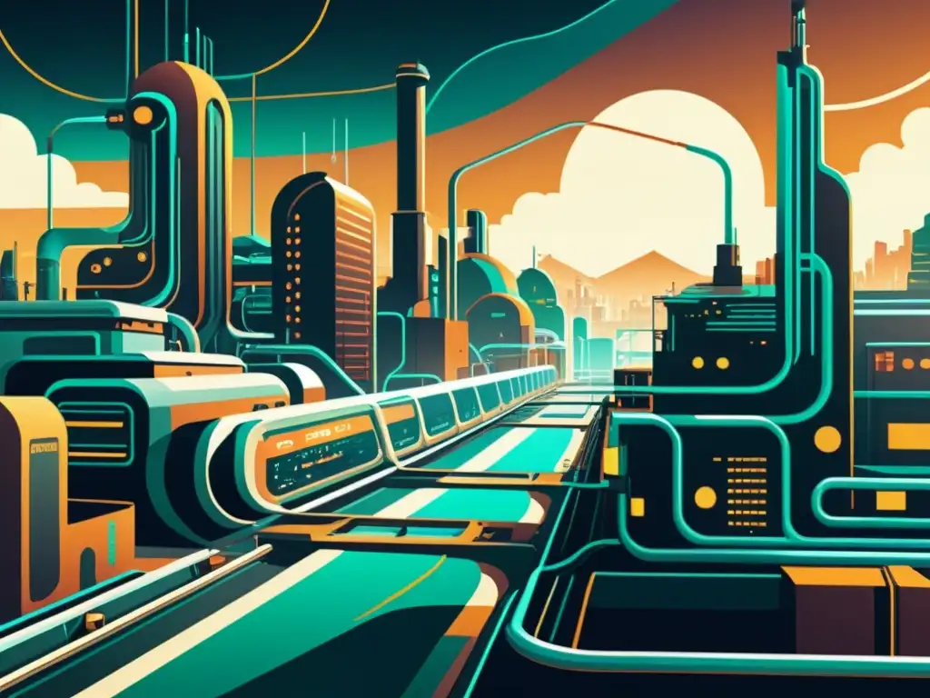 Metrópolis del Futuro: Innovación en Sistemas Escalables Una ilustración vintage de una ciudad futurista con sistemas escalables conectados y alimentados por elixires