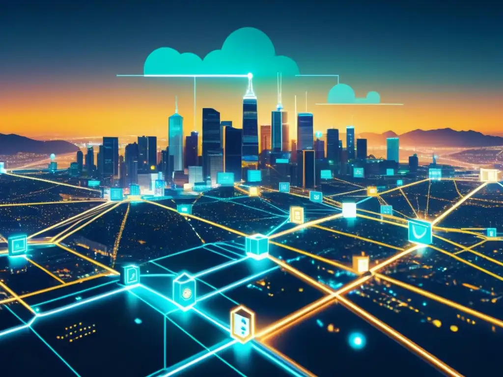 Cityscape blockchain integrado, innovación y progreso Una ilustración vintage de una ciudad futurista con tecnología blockchain integrada, mostrando la red de activos digitales tokenizados y negociados
