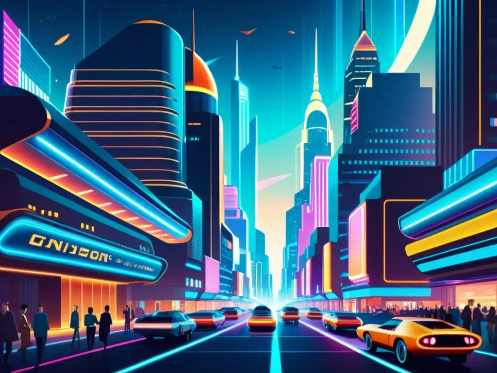 Futurismo urbano: ciudad vintage con tecnología avanzada Una ciudad futurista y vibrante, con rascacielos, autos voladores y luces de neón