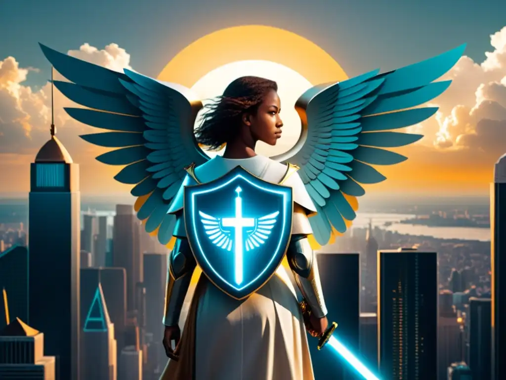 Un ángel guardián protege una ciudad moderna con un escudo brillante y una espada, combinando elementos del pasado y el futuro