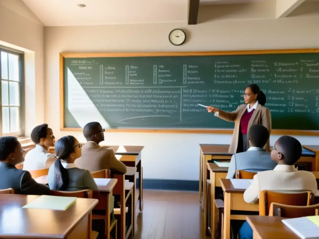 Clase antigua con estudiantes diversos discutiendo, el profesor señalando diagrama en pizarra