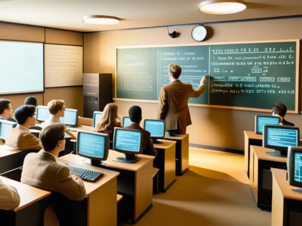 Clase de informática vintage: evolución y nostalgia Clase vintage de historia de la computación con estudiantes, profesor y antiguas computadoras
