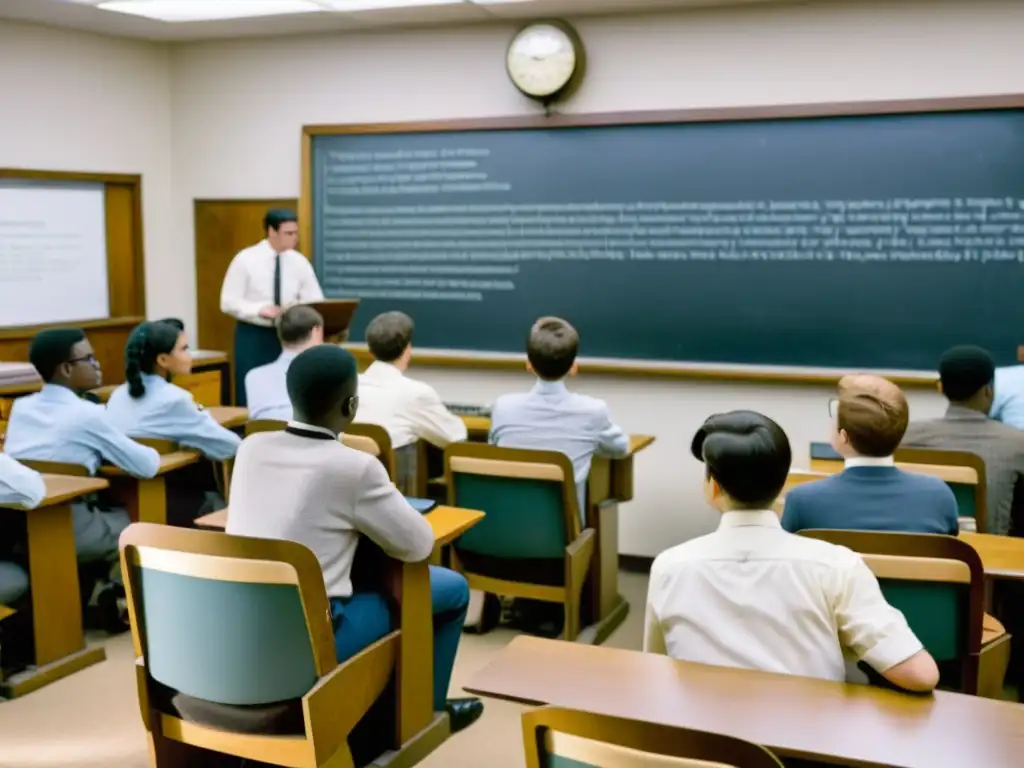 Clase vintage de informática con estudiantes atentos y tecnología antigua, evocando el futuro de las profesiones del futuro prepararse