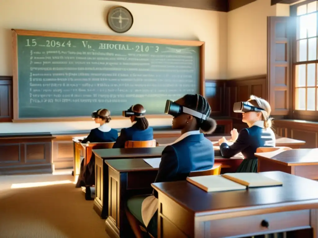 Clase vintage con realidad virtual en enseñanza histórica: estudiantes usando visores VR en aulas antiguas con escenas históricas proyectadas