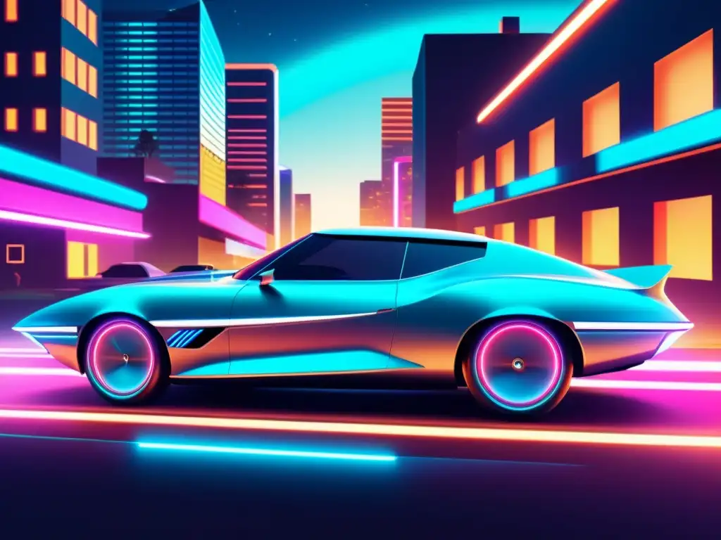 Un coche futurista con redes neuronales en la industria automotriz recorre la ciudad de noche entre luces de neón