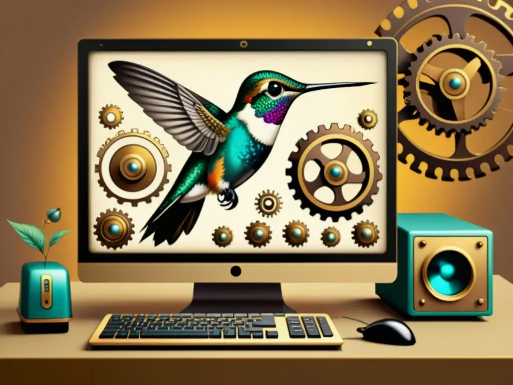Colibrí digital: la búsqueda del futuro Un colibrí vintage busca en una computadora antigua, rodeada de engranajes, reflejando la historia evolución computación revoluciones digitales