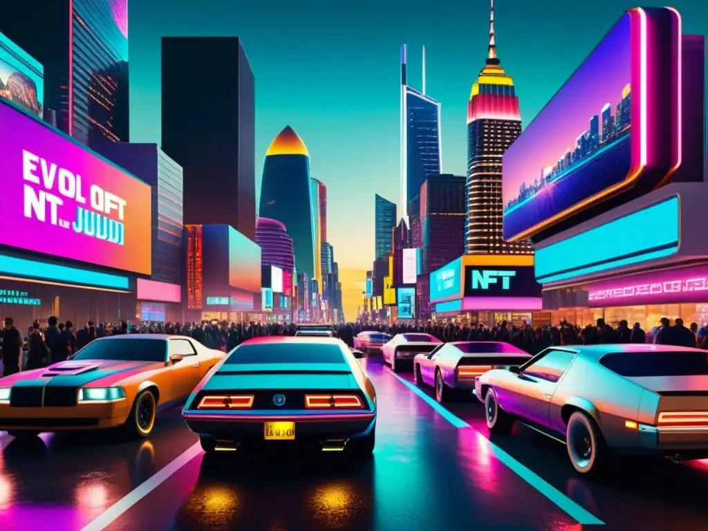 Collage digital vintage de una ciudad futurista con rascacielos adornados con arte NFT, calles llenas de vehículos retrofuturistas y un cielo iluminado por un deslumbrante display de arte digital, evocando el impacto de los NFTs en el arte y la tecnología