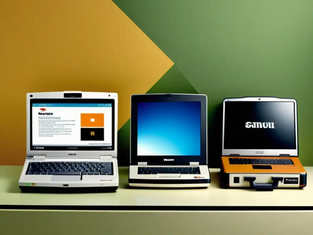 Collage vintage de la evolución de las laptops portátiles desde los años 80 hasta hoy, con imágenes nostálgicas y progreso tecnológico