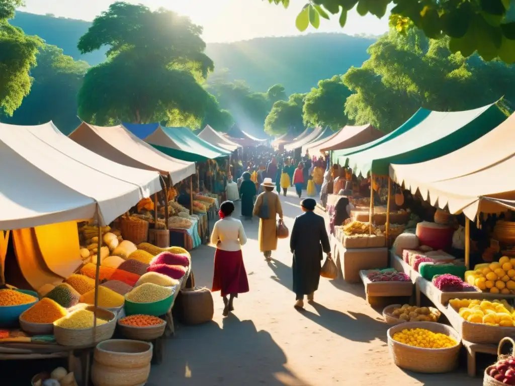 Colorido mercado en área remota con vendedores y artesanías, reflejando la vida comunitaria