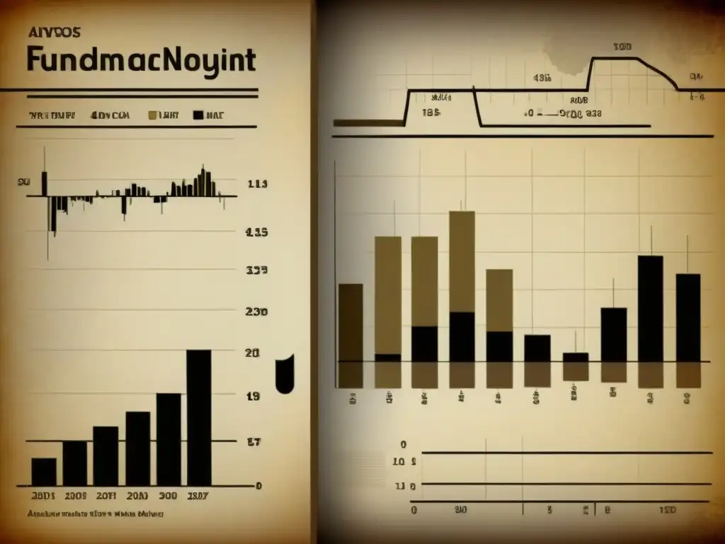 Comparativa análisis fundamental vs técnico: Ilustración vintage de gráficos de bolsa contrastantes, representando distintos enfoques analíticos