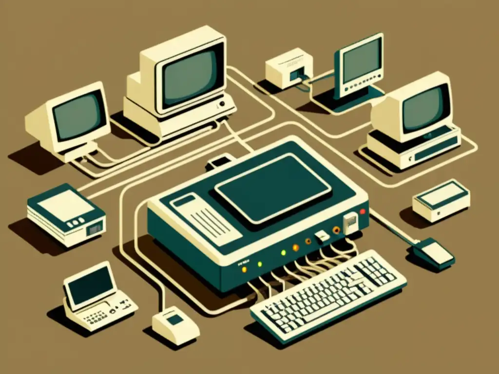 Compleja red de dispositivos periféricos interconectados en una ilustración vintage, mostrando el funcionamiento de controladores de interfaz de periféricos en tonos sepia nostálgicos