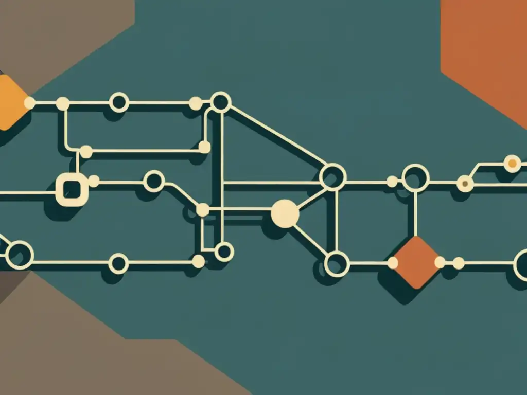 Compleja ilustración vintage de un sistema blockchain, con detalles intrincados y una paleta de colores cálidos