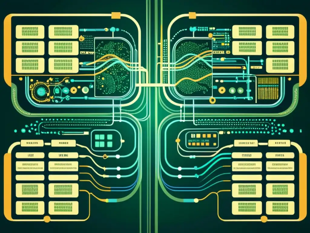 Compleja ilustración vintage de un supercomputador conectado con sistemas de salud globales, evocando avances médicos gracias análisis datos