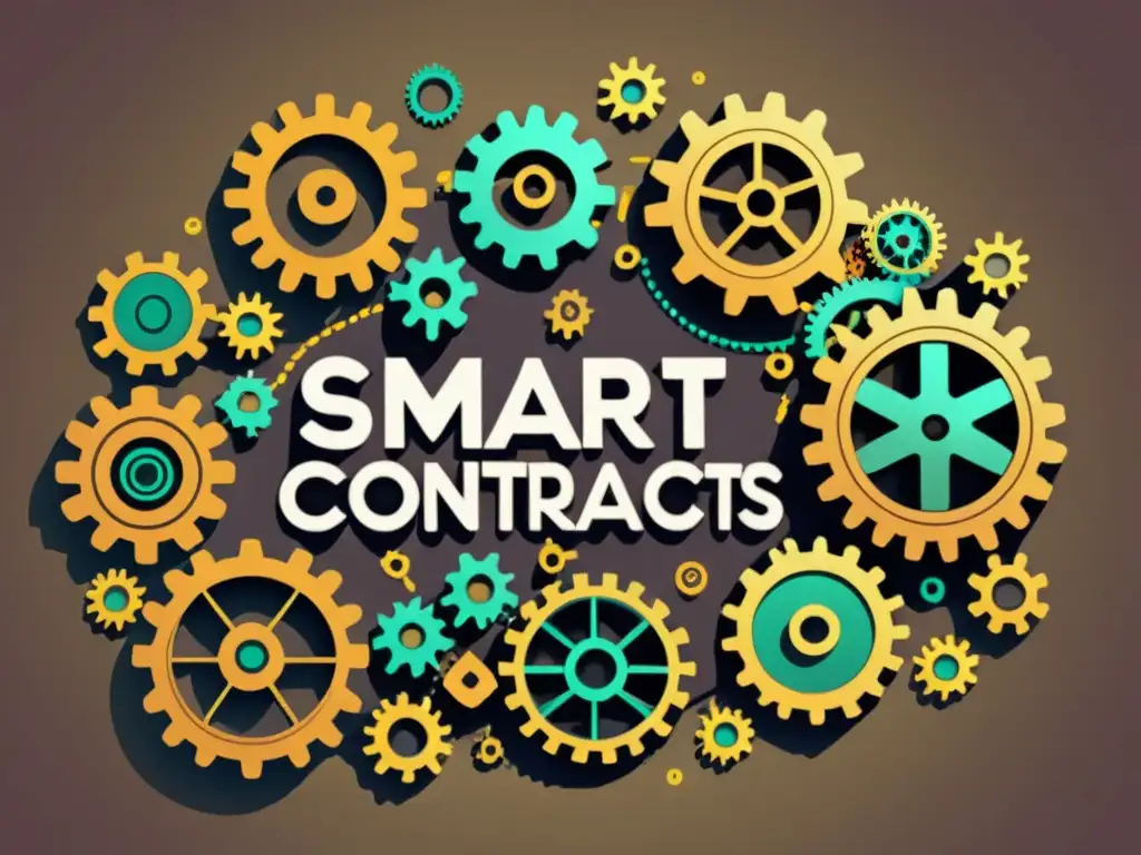 Un complejo entramado de engranajes conectados, representando los desafíos en la implementación de smart contracts