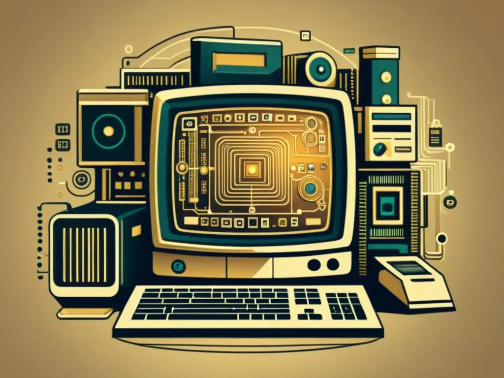 Una ilustración vintage de la evolución de la computación, con detalles de blockchain