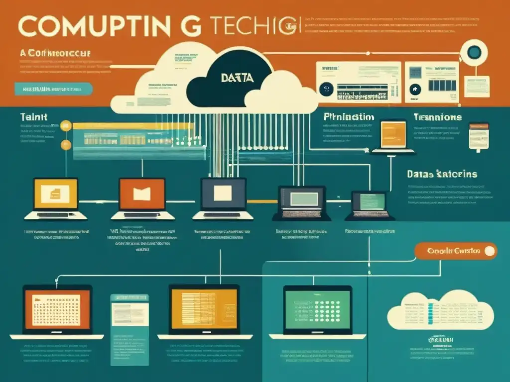 Infografía vintage de la evolución de la computación, desde mainframes hasta la nube, con ilustraciones detalladas y visualizaciones de datos