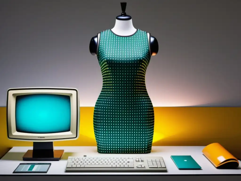 Evolución de la computación en moda: fusión de vintage y futurismo en un vestido digital en una computadora antigua con herramientas de diseño de moda