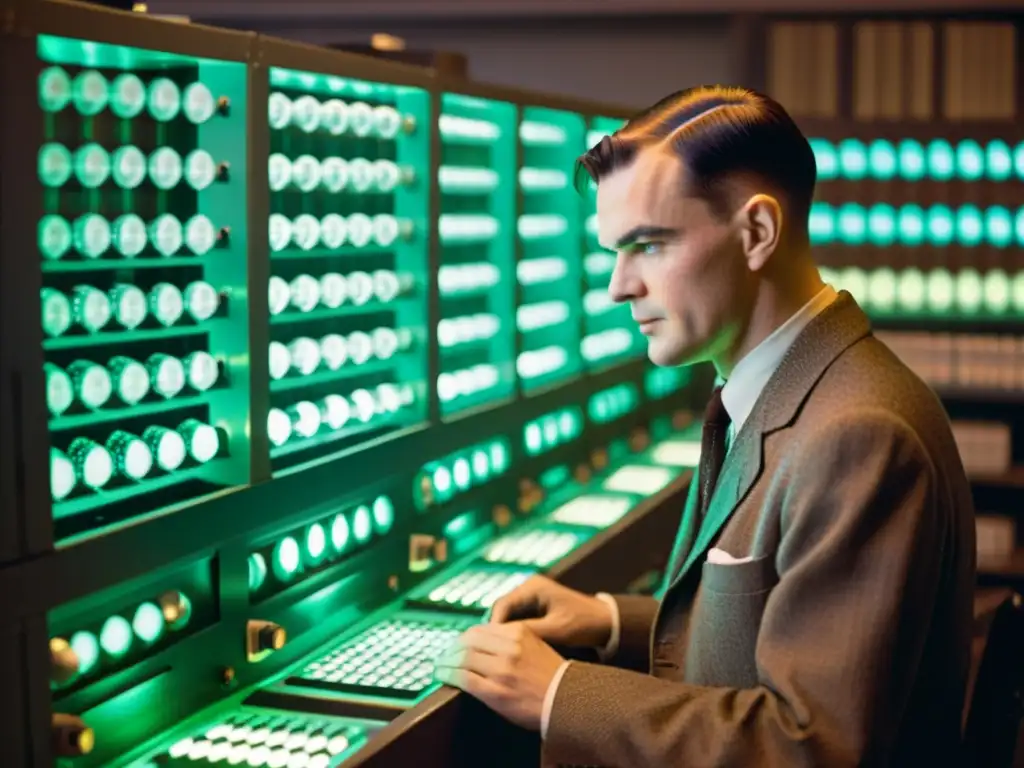 Alan Turing en la revolución digital: evolución de la computación, rodeado de tecnología vintage en una atmósfera de innovación y complejidad