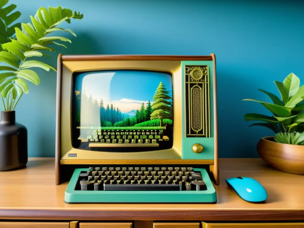 Computación sostenible empresas: Un ordenador vintage con detalles de madera y teclas de máquina de escribir, muestra una escena digital de un bosque con luz cálida