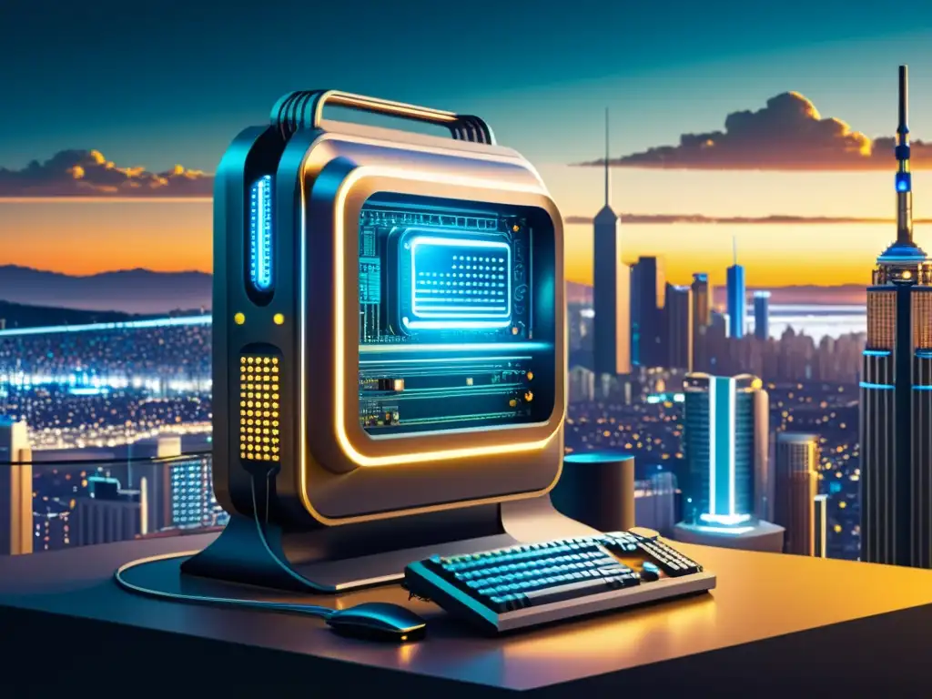 Computadora futurista en ciudad vintage Una ilustración vintage de una computadora futurista con detalles mecánicos intrincados y luces brillantes, destacada en un paisaje urbano bullicioso con rascacielos imponentes