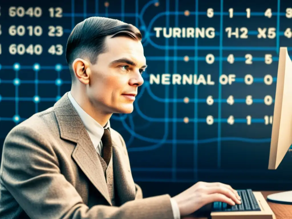 Una ilustración vintage de Alan Turing trabajando en una computadora, rodeado de intrincados diagramas y ecuaciones de redes neuronales