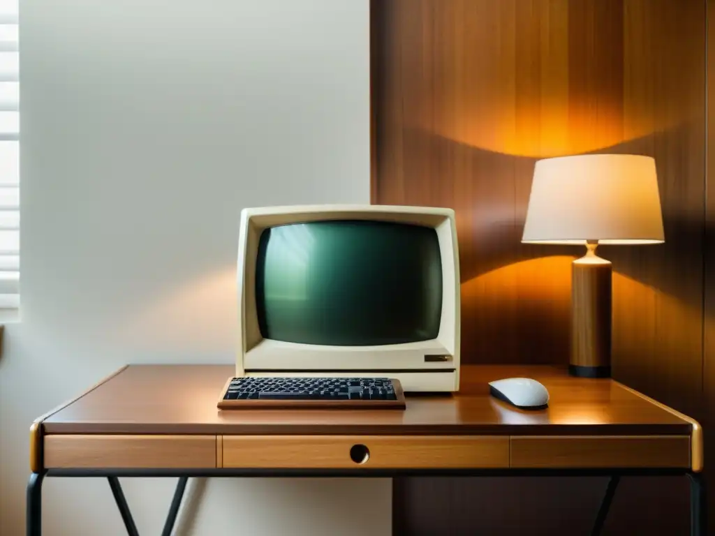 Ordenador retro de diseño minimalista en escritorio despejado Una computadora vintage con diseño minimalista en una atmósfera de calma, destacando la evolución de las interfaces minimalistas en la computación