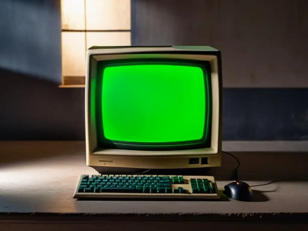 Computadora vintage con pantalla verde intermitente, hacker en sombras