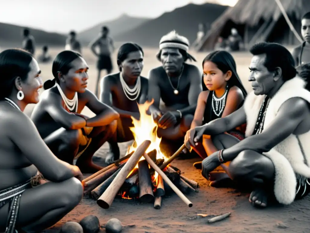 Comunidad indígena reunida alrededor del fuego, preservando sus tradiciones con vestimenta y herramientas artesanales