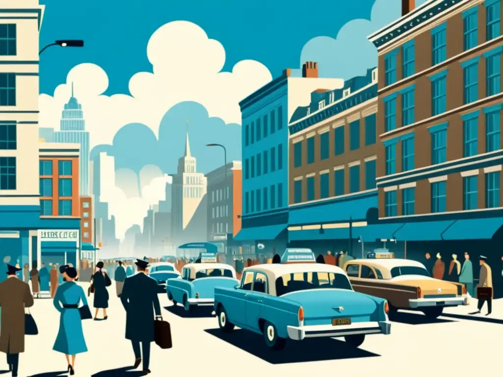 Una ilustración vintage de una concurrida calle de la ciudad, con altos edificios y autos antiguos