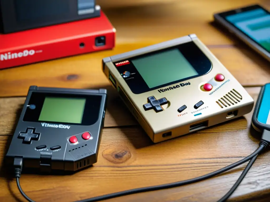 Dos consolas de Nintendo, una antigua Game Boy y una moderna Switch, en una mesa de madera