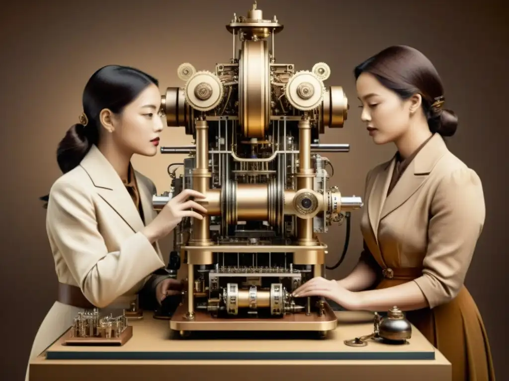 Contribución de mujeres a la inteligencia artificial: ilustración vintage detallada de mujeres trabajando en tecnología temprana, rodeadas de maquinaria e instrumentos científicos en tonos cálidos sepia