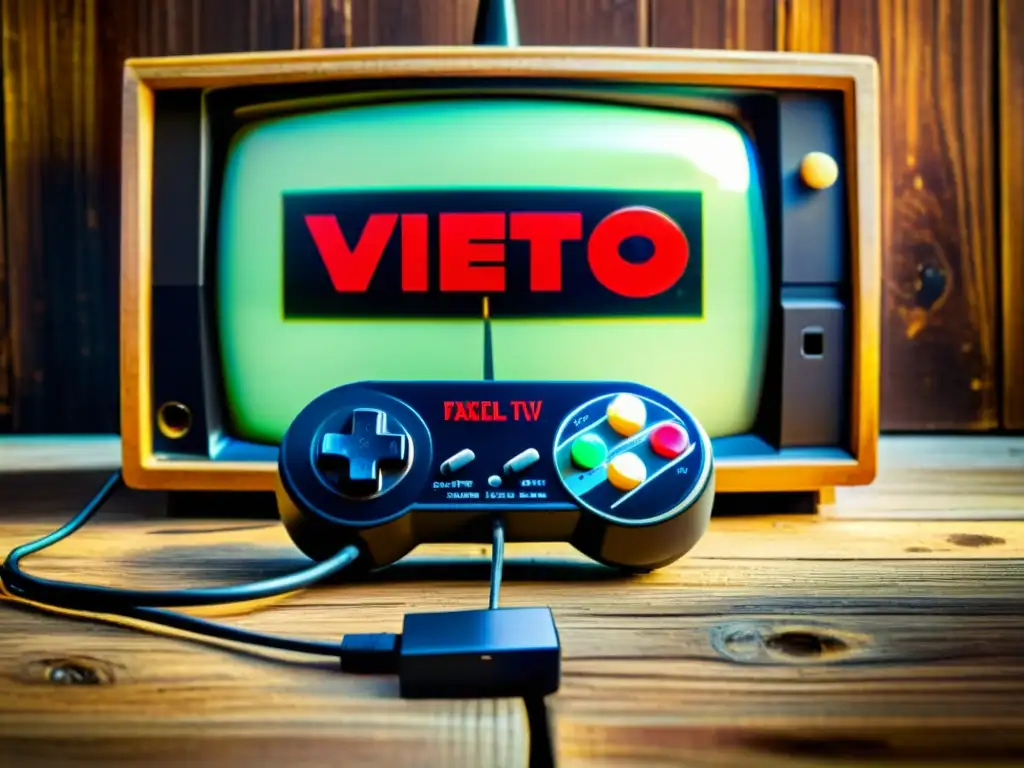 Un controlador vintage descansa sobre madera desgastada, conectado a una TV CRT clásica con gráficos pixelados