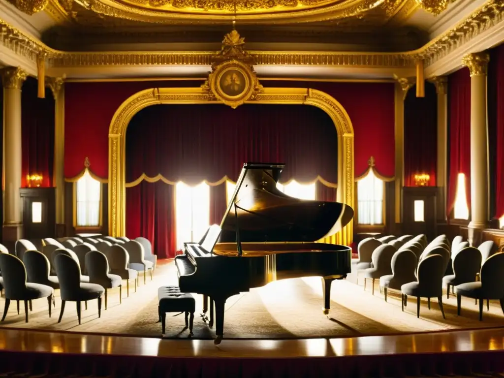 Teatro de música antiguo y majestuoso con piano y luces cálidas Transformación de la creación musical en un majestuoso teatro antiguo con piano, sillas doradas y escenario iluminado en tonos sepia