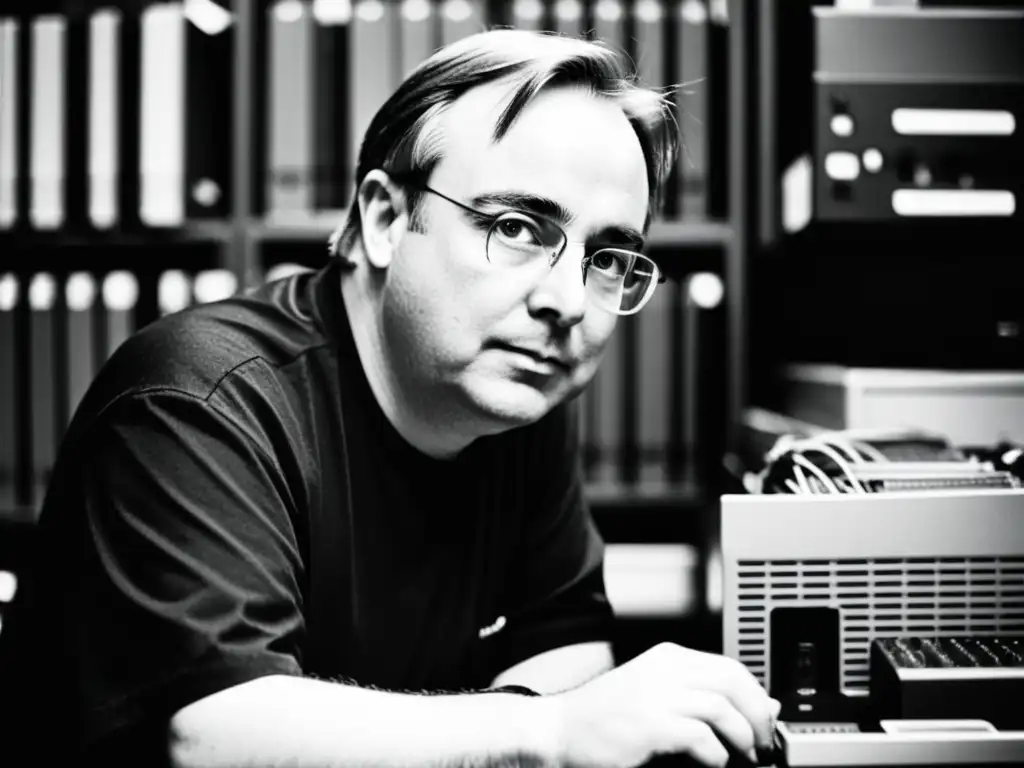 Linus Torvalds, creador de Linux, concentrado en su computadora rodeado de equipo vintage, captura el impacto de Linux en Internet