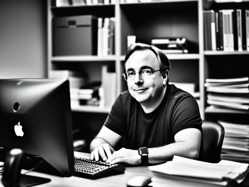 Linus Torvalds, creador de Linux, trabaja en su oficina rodeado de papeles y piezas de computadora, reflejando el impacto de Linux en Internet