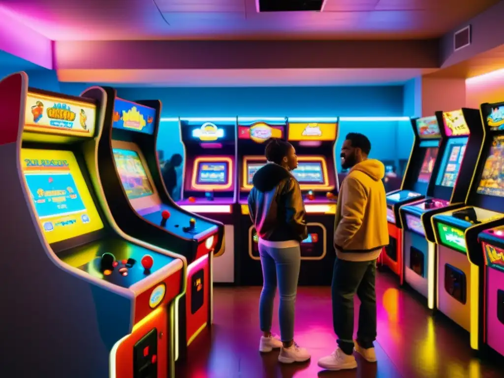 Inclusión cultural en videojuegos: Una bulliciosa sala de juegos vintage con diversidad de jugadores disfrutando juntos en un ambiente inclusivo y vibrante, repleto de luces de neón y consolas antiguas y modernas