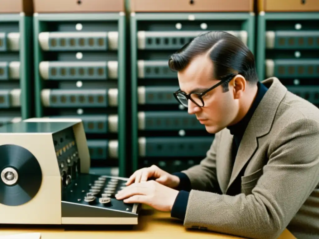 En la década de 1960, un artista trabaja en una computadora mainframe rodeado de cintas magnéticas, con una expresión concentrada y contemplativa