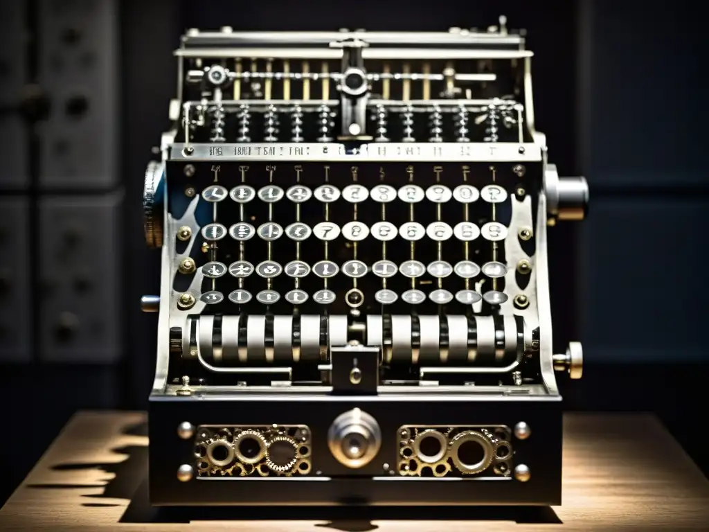 Detallada fotografía en blanco y negro de la máquina Enigma, con sus intrincados engranajes y componentes mecánicos a la vista