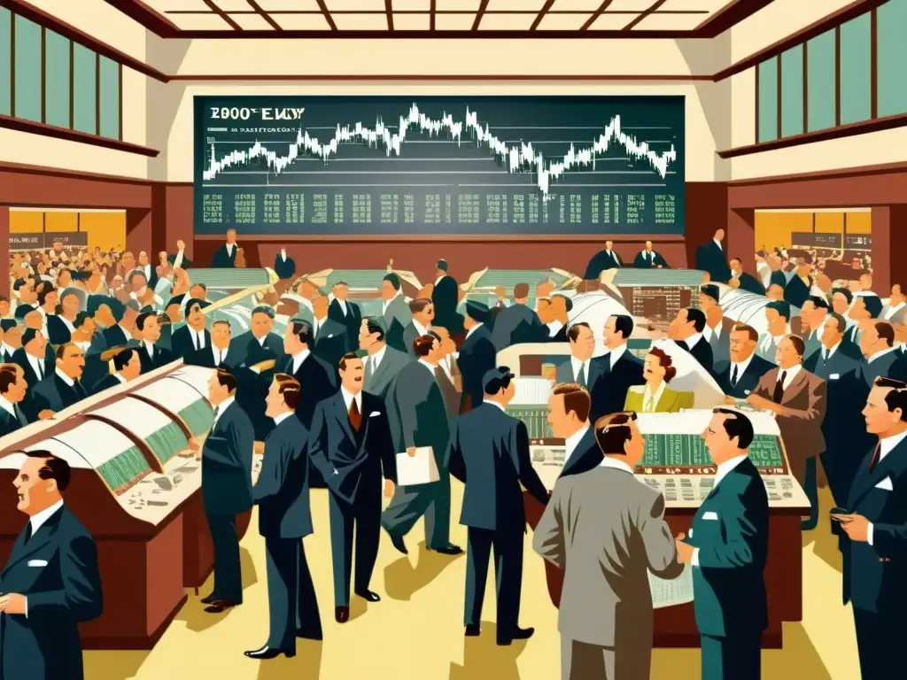 Ilustración detallada de una bulliciosa sala de operaciones de la década de 1900, con traders, máquinas de cintas de ticker y un gran tablero de tiza mostrando precios y volúmenes de trading